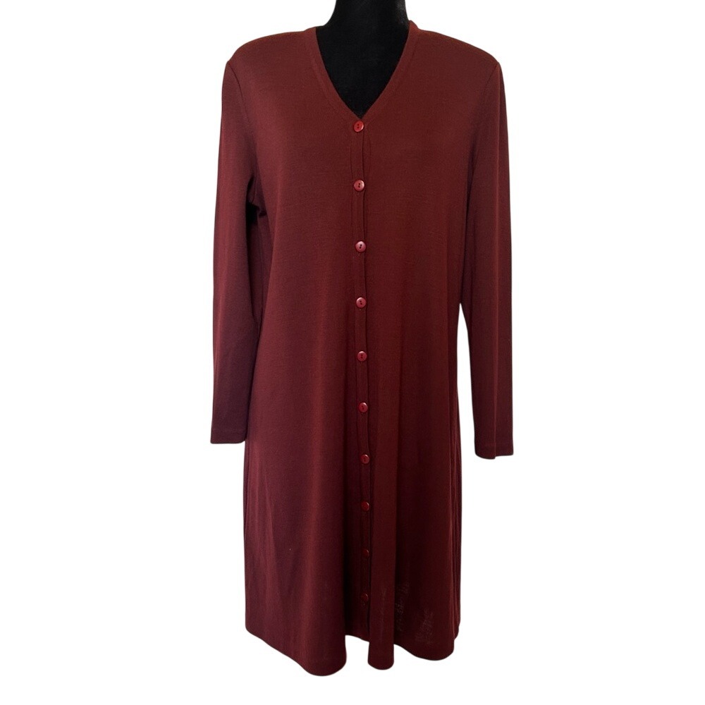 Nina Leonard Deep Red Burgundy Button Down Long Sleeve‎ Dress Size Medium